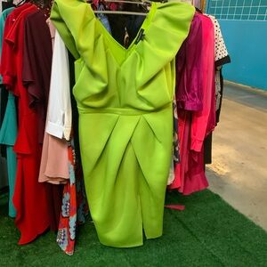 Ruffle-Shoulder Midi Dress in Bright Green